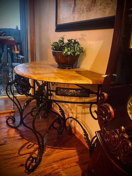 Unique Wrought Iron Table with Half Moon Top & Ornate Leaf Wrapped Motif