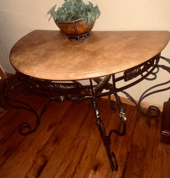 Unique Wrought Iron Table with Half Moon Top & Ornate Leaf Wrapped Motif