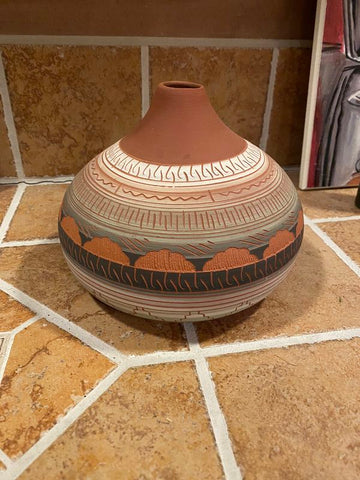 Native American Pottery - Signed, Etched Design, Navajo Vase