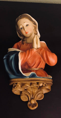 Hand-painted, Beautiful Iconic Virgin Mary, Praying Madonna Bust, Wall Plaque